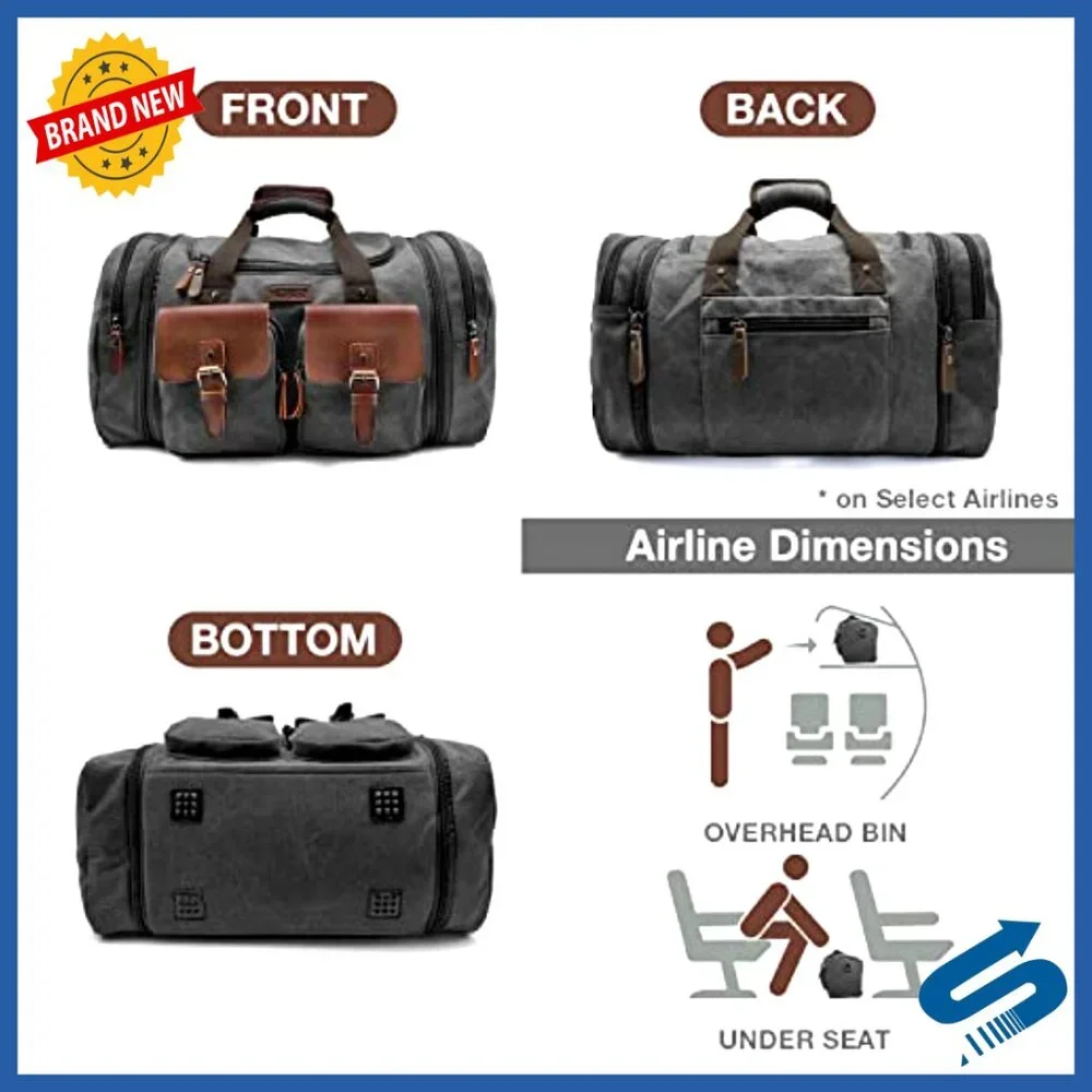 Retro Canvas Leather Duffle Bag Expandable Weekender Carry On Travel Duffel